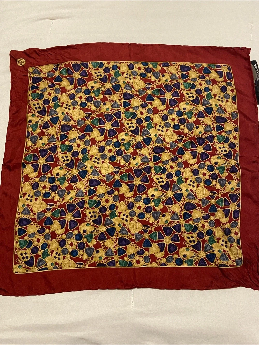 Chanel Silk Square Scarf with Jewel Motif - Red, Gold, Blue, Green